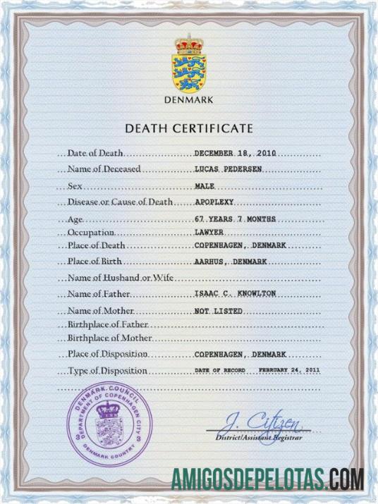 Realista modelo PSD de certidão de óbito de registro vital da Dinamarca